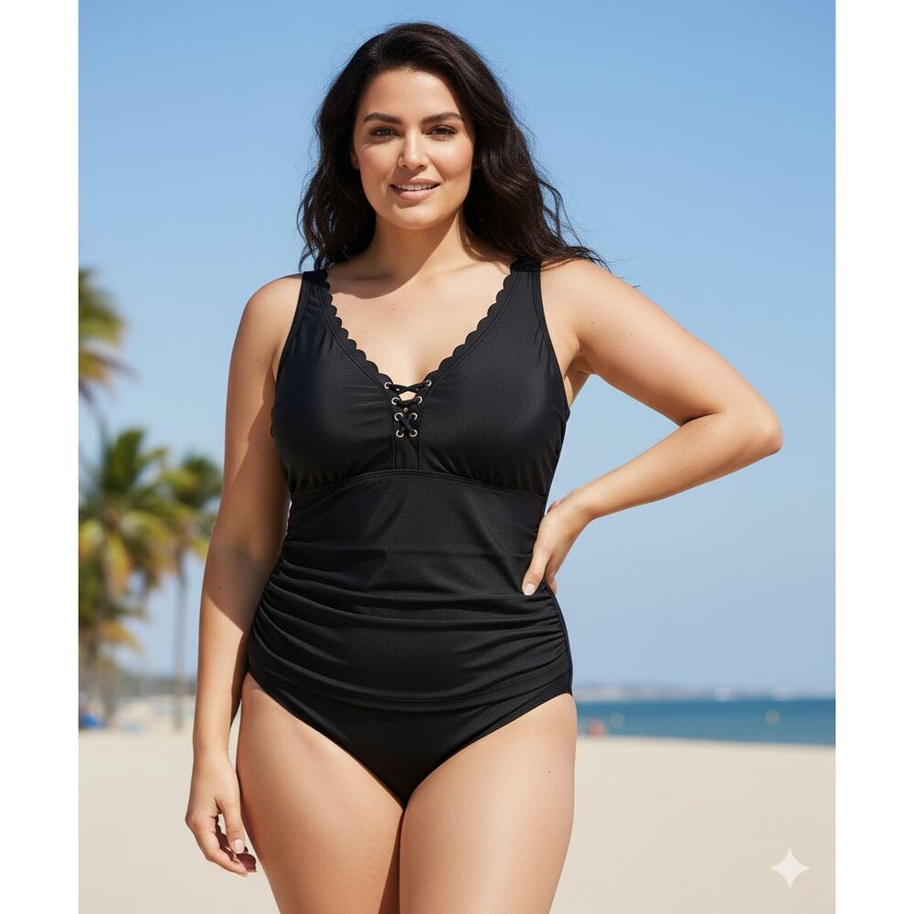 New Kona Sol 24W Black One Piece Swimsuit , Scalloped & Grommet Details ,Modest